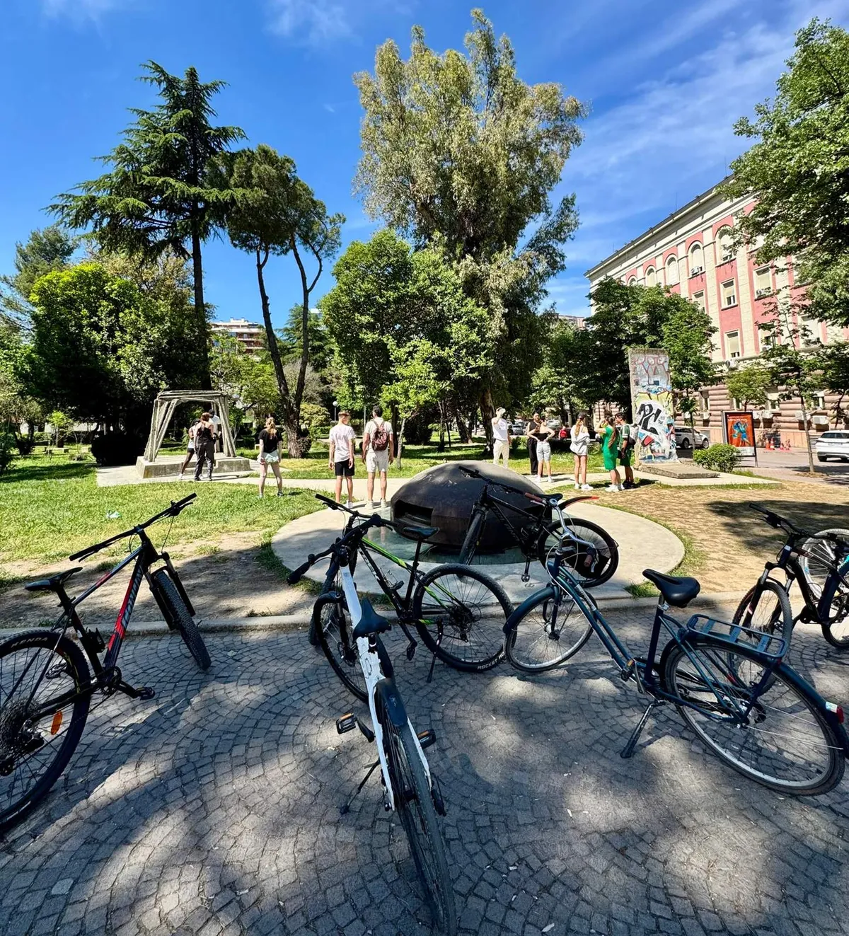 Several bicycles parked on a paved area under green trees in a sunny park