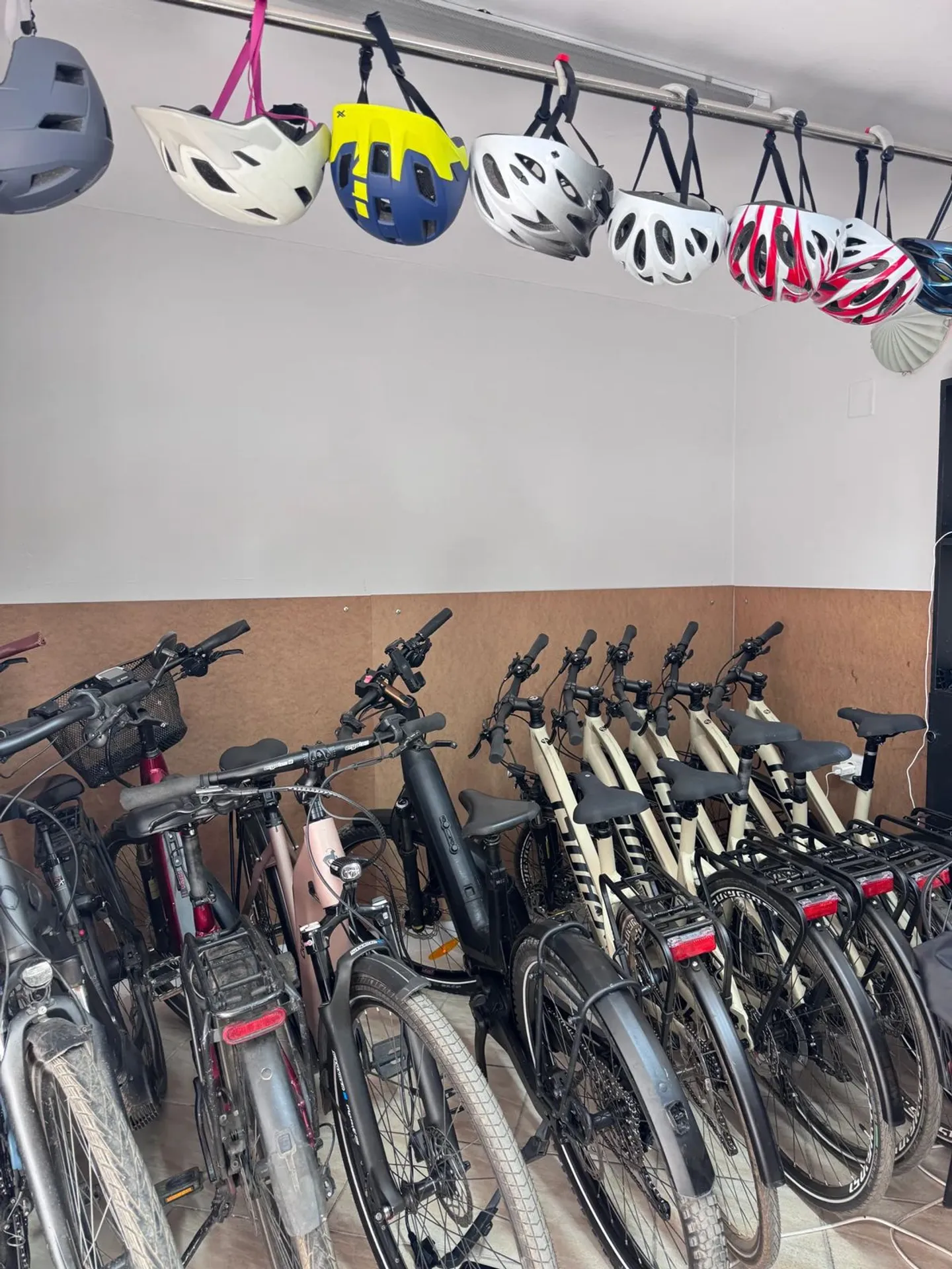Cykler og farverige hjelme i BikeTiranas butik ved Den nye basar