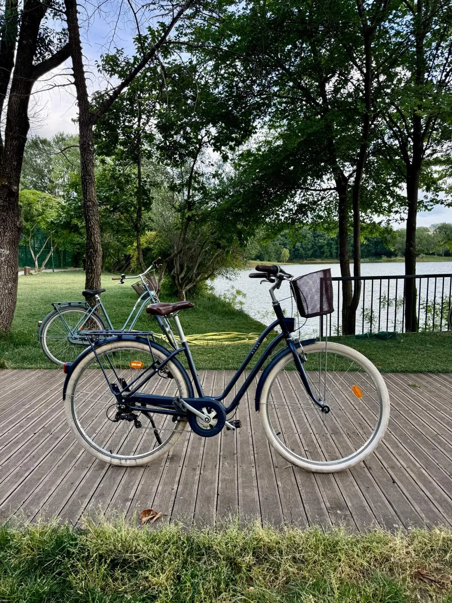A dark blue cruiser bicycle parked on a wooden deck next to the lake and trees
