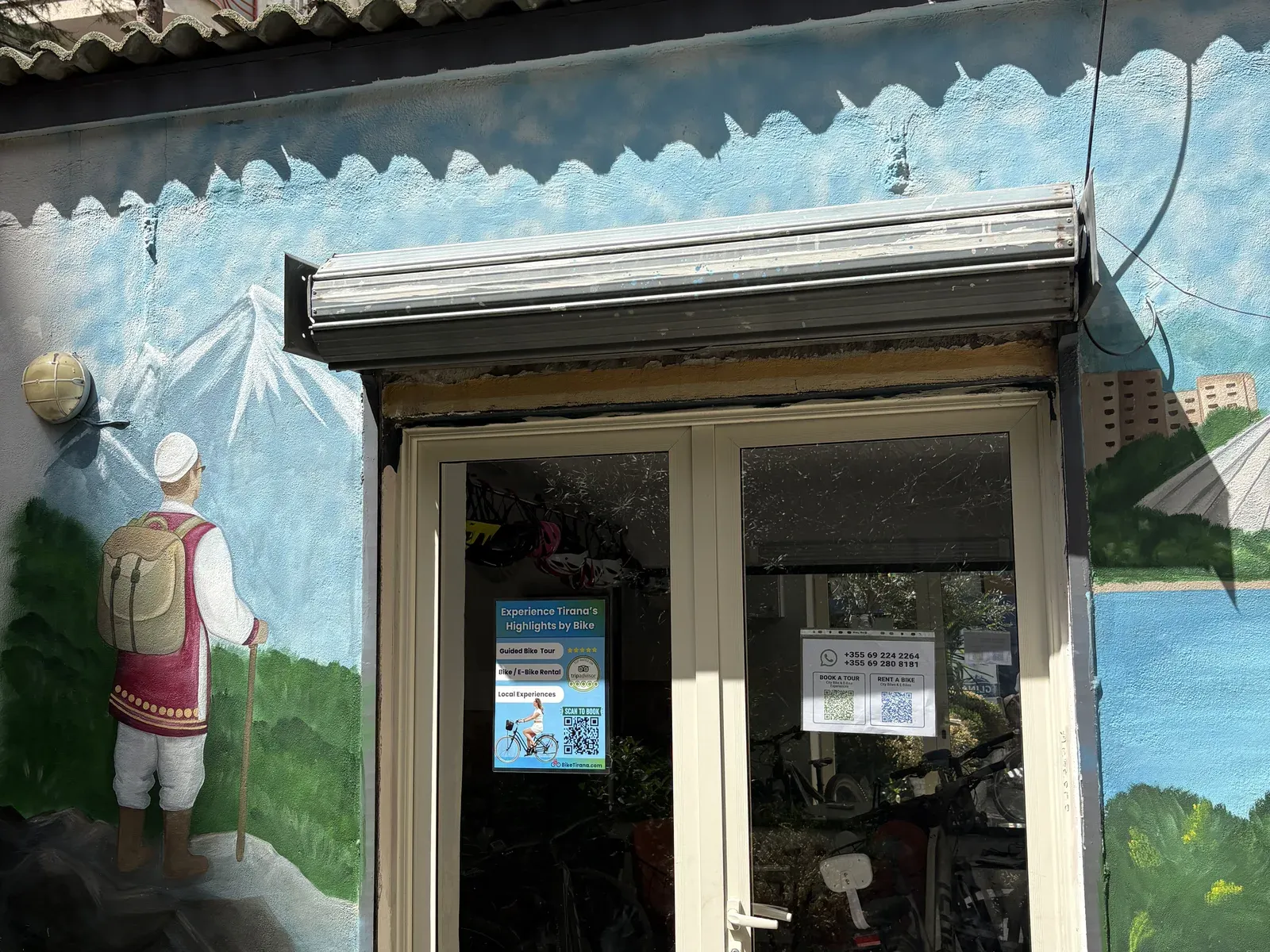 BikeTirana's staffed New Bazaar entrance and bicycles in Tirana