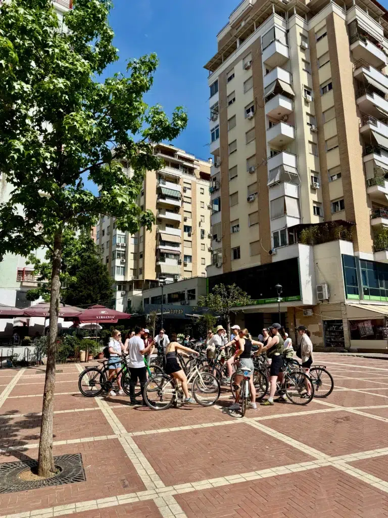 Group bike rental booking at the New Bazaar in Tirana, operated by BikeTirana