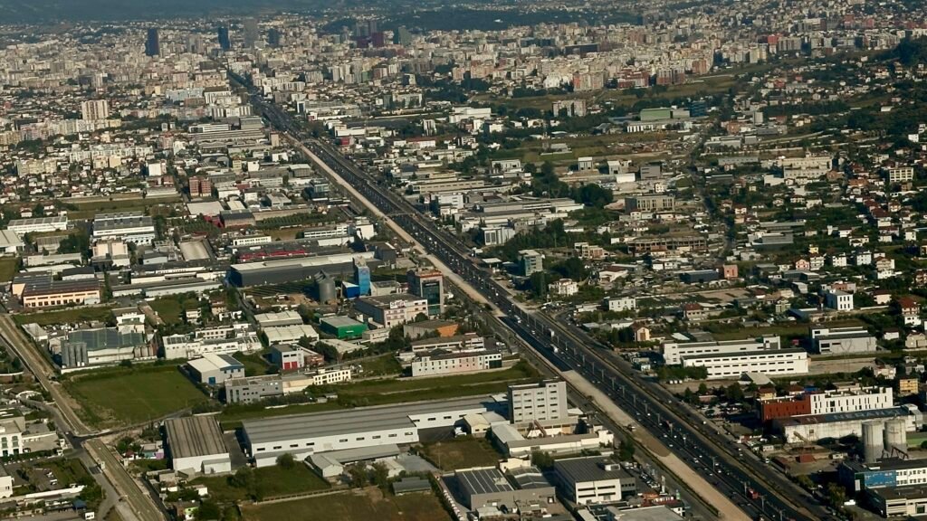 Sky view of Tirana, with major highway.