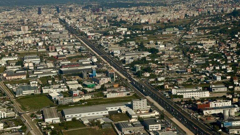 Sky view of Tirana, with major highway.