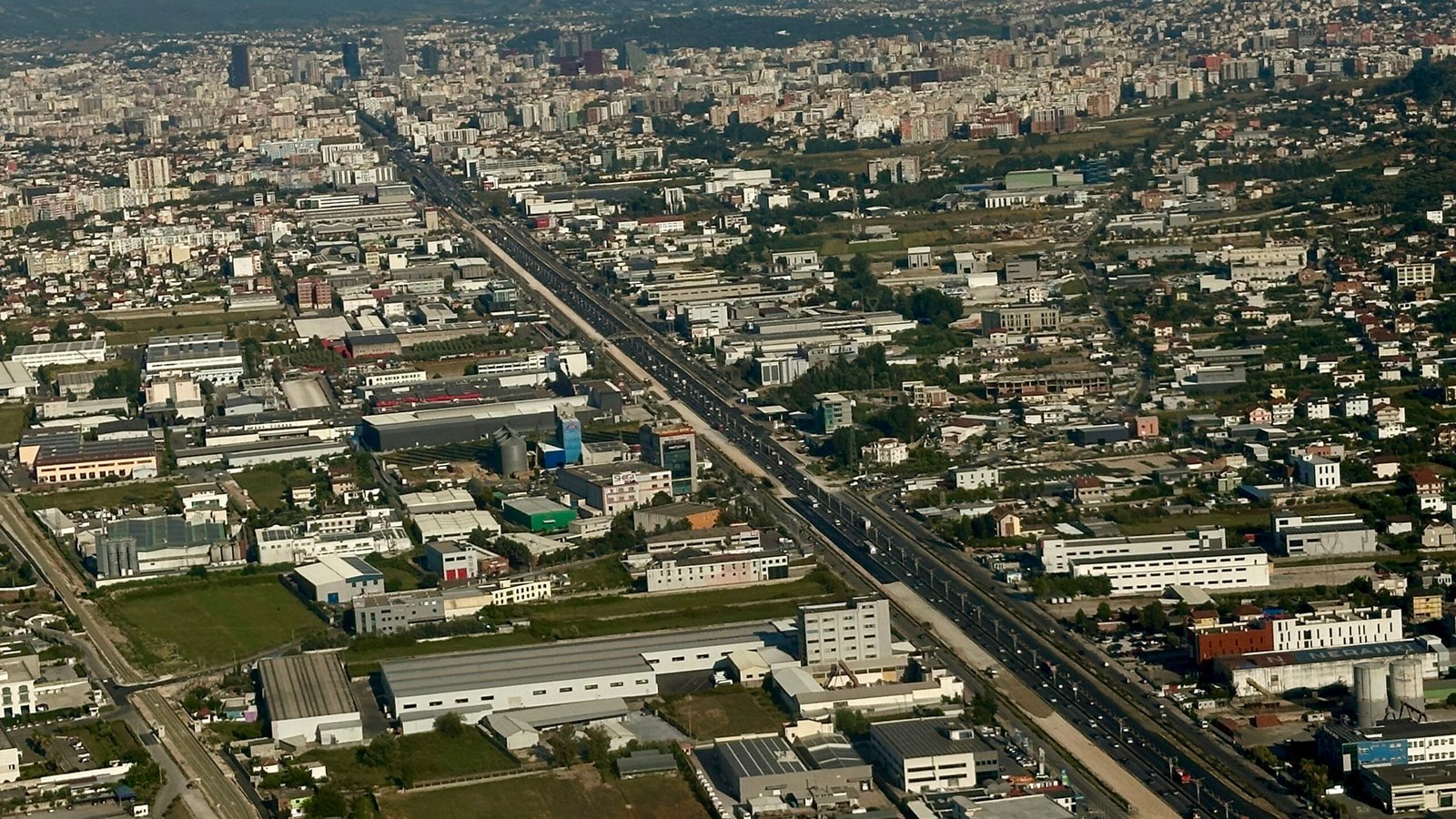 Sky view of Tirana, with major highway.