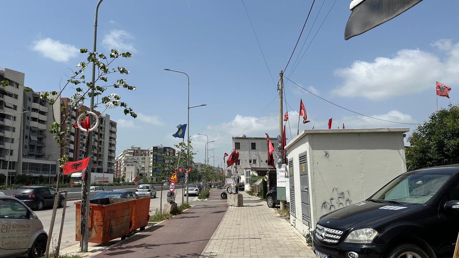 Red bike lane beside Ring Road near Astir, Tirana, Albania